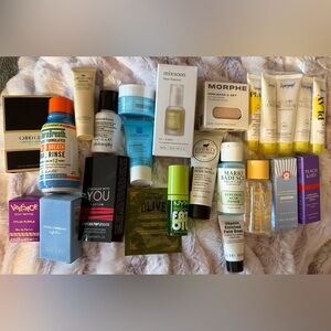 Variety of samples, skincare, makeup, etc…